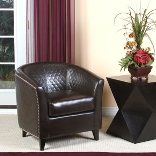   Quilted Brown Leather Tub / Barrel Club Chair w/ Nailhead Accents