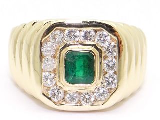   Mens 14kt Yellow Gold .75ct Emerald Diamond Cluster Band Ring