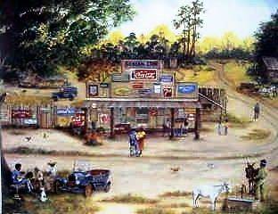 COUNTRY STORE_COCA COLA ADS, VINTAGE CAR,BLACK BANJO PICKER_WHITE MULE 