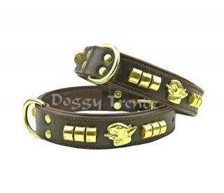 BROWN LEATHER DOG COLLAR BRASS ENGLISH BULL TERRIER