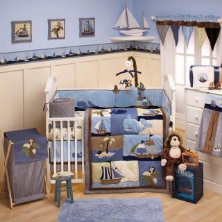   Blue and Brown Whale Baby Boy 8pc Nursery Crib Bedding Set Collection