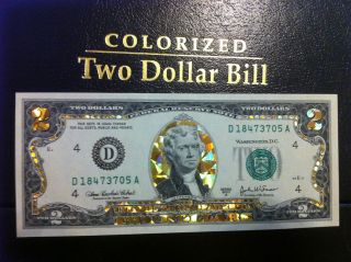 TWO$  22 K GOLD $ 2 DOLLAR BILL HOLOGRAM COLORIZED LEGAL NOTE  GOLD 