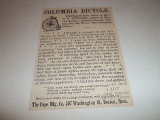 1882 COLUMBIA HIGH WHEEL BICYCLE CYCLE ART POPE MFG BOSTON MA ANTIQUE 