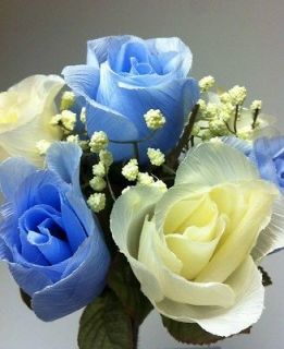 Newly listed 84 Silk Crinkle Roses MD BLUE CREAM Wedding Flowers BULK 
