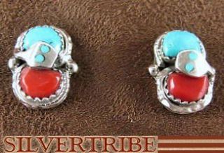 Effie Calavaza Zuni Coral & Turquoise Snake Earrings