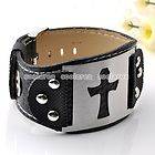   Steel Black Leather Belt Buckle Cross Bracelet Cuff Wristband
