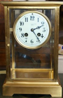 Antique French H&H Crystal Regulator Clock w/Boston Dial Brass Gold 