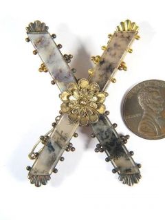 QUALITY ANTIQUE SCOTTISH 15K GOLD MOSS AGATE CROSS PIN