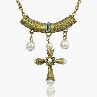 Crystal Vintage Retro Cooper Cross Pearl Tassel Necklace Pendant B668K