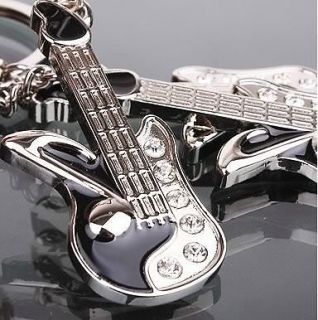 Novelty Korean style White Crystal guitar key ring chain keyfob chains 