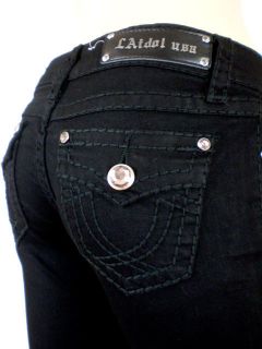 LA Idol Black Jeans Black Stitch Bootcut Crystal Button Flap Pockets 