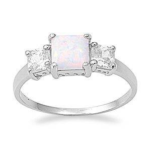 Sterling Silver Princess Cut with White Opal Ring Available in Size 5 