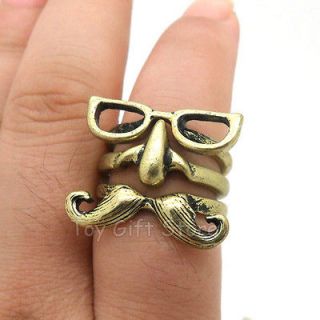 Cute Retro 3 pcs Glasses Nose Moustache Handlebar Finger Ring Gold