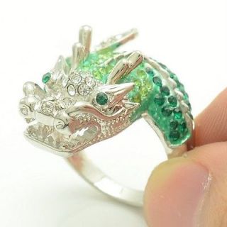 Swarovski Crystals Silver Tone Cute Green Dragon Cocktail Ring Size 8#