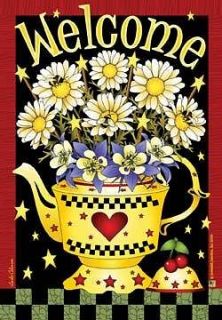 12x18 PrimitiveYello​w Teapot Welcome Daisies Garden Flag