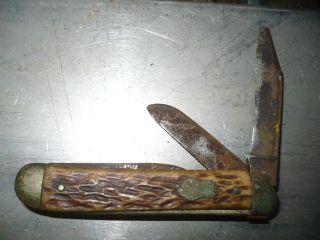 Vintage SABRE Folding Blade Pocket Knifes Brown Bone Handles Nice