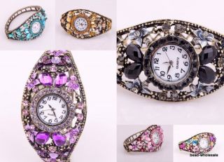 6Color Women & Girls Crystal Open Bangle Bracelet Wrist Watch Birthday 