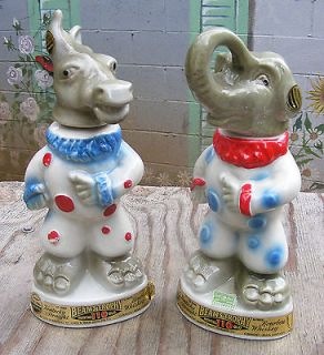 Lot 2 JIM BEAM Decanters 12 Ceramic ELEPHANT Donkey GOP Clown 1968 