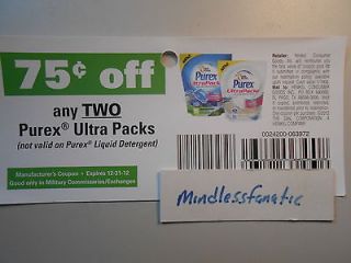   75 Any Two PUREX ULTRA PACKS Laundry Detergent Coupons x12/31/12 M1