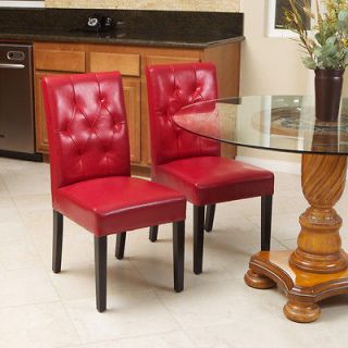 Set of 2 Classy Red Leather Dining Room Chairs With Tufted Backrest
