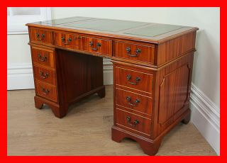   Style Yew Wood Leather Writing Office Twin Pedestal Table Desk