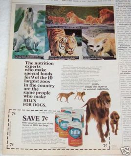 1972 Hills DOG food   tiger Polar Bear lion Fox OLD AD