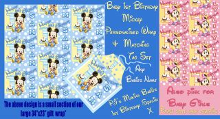 Personalised Wrapping Paper & Tag Mickey / Minnie Mouse Babys 1st 