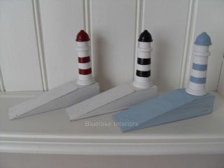 SHABBY WOOD LIGHTHOUSE DOOR WEDGE STOP RED BLUE BLACK AND WHITE 