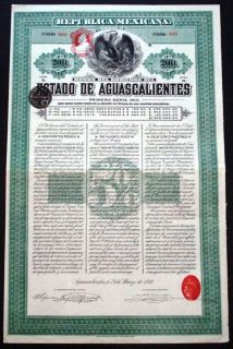 1910 Republica Mexicana Estado de Aguascalientes   Bearer Bond with 