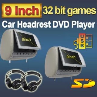 Gray 2x9 Headrest Car DVD Player Dual Monitors Wireless SD Games USA 