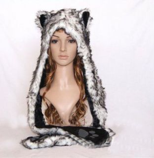 Faux Fur Wolf Full Animal Hood Hoodie Hat with Scarfs and Mitten 3 in 