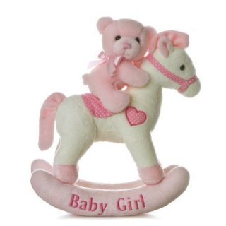 Aurora Baby 12 Plush Musical Wind Up PINK Rocking Horse & Teddy Bear 