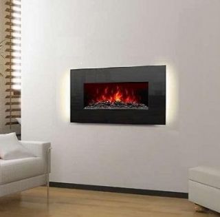 Electric Wall Mounted Fireplace Heater 36 Crystal Black Glass w/LED 