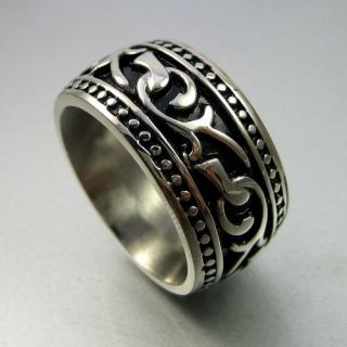   Biker Mens Black Silver Stainless Steel Engraved Wide Band Ring