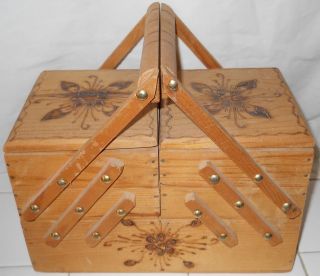 Vintage Wood/Wooden Sewing Box w/Handles~Engraved/Burnt Flowers Design