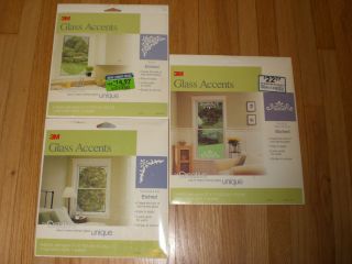 3M GLASS ACCENTS, DECAL FOR WINDOW, MIRROR   ETCHED LOOK, 3 DESIGNS 