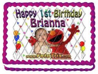 Edible Image Birthday (ADD A PHOTO) 1/4 Sheet Cake Topper ELMO & GIRL 