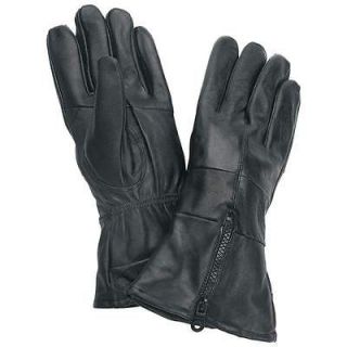   Black Solid Leather Motorcycle Biker Riding Gloves Zippered Cuff Large