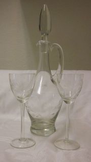 Vintage (1980) Toscany WINE DECANTER+2 Wine Glasses Etched Handblown