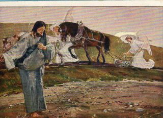 Old HOLY CARD sowing SEEDS with ANGELS and Horse Drawn PLOW