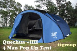 Quechua Waterproof Pop Up Camping Tent 2 Seconds +IIII, 4 Man Double 