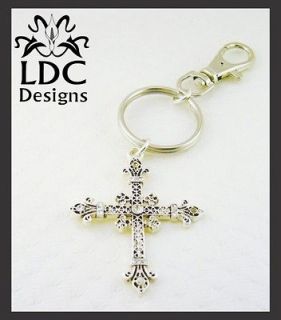 Crystal Ornate Silver Cross Fleur De Lis Key Ring Purse Charm Key 