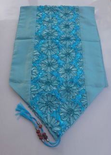     MODERN THAI SILK TABLE/BED RUNNER Turquoise Flower with Sequins