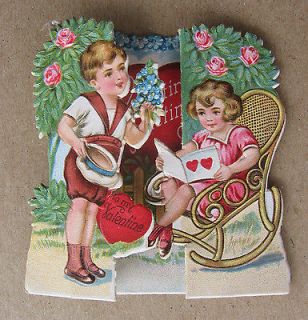    Cut Embossed Fold Out Valentines Card Roses Wicker Rocking Chair c