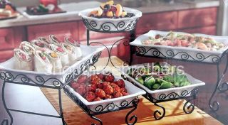   Buffet Server 5 Stoneware Serving Dishes Wrought Iron Stand Catering