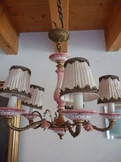 ANTIQUE FRENCH BRONZE PINK AND WHITE CERAMIC CHANDELIER 5 LIGHTS 