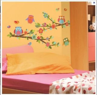 OWLS ON BRANCHES wall stickers over 90 decals patterned leaves flowers 