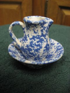   Miniature~ Blue~White Spongeware Pitcher and Bowl~Tobacco Shed Pottery