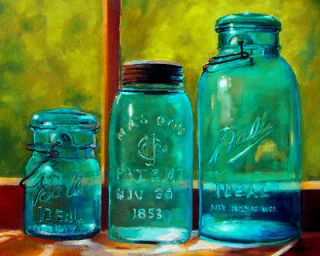 Artist Print of Original Painting Blue Vintage Canning Antique Jars 