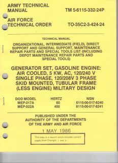 Generator Set, Gasoline 5 KW, Models MEP 017A, MEP 022A, Repair Parts